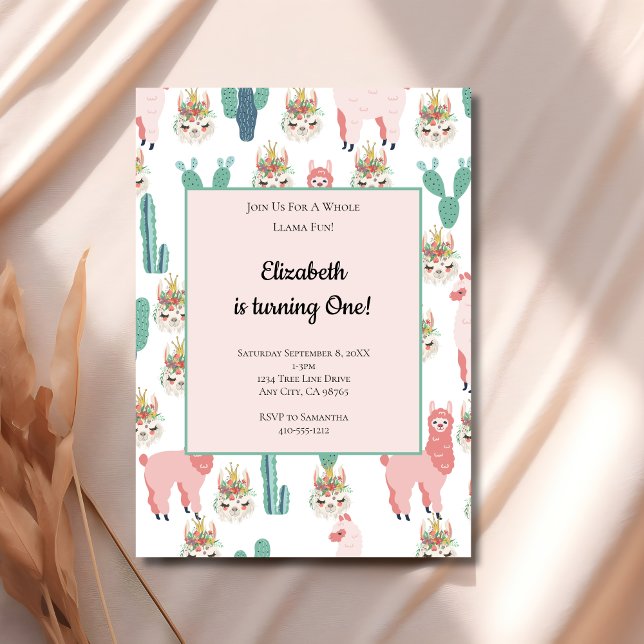 Invitation Llama Rose et Cactus Vert Anniversaire Enfant Mign (Pink Green Llama cactus Girls 1st 2nd birthday party invitation)