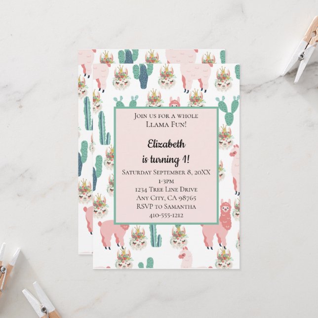 Invitation Llama Rose et Cactus Vert Anniversaire Enfant Mign (Devant/Arrière en situation)