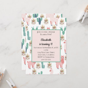 Invitation Llama Rose et Cactus Vert Anniversaire Enfant Mign