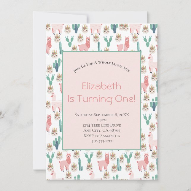 Invitation Llama Rose et Cactus Vert Anniversaire Enfants Mig (Devant)