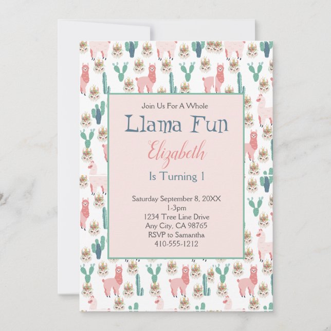 Invitation Llama Rose et Cactus Vert Anniversaire Enfants Mig (Devant)