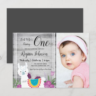Invitation Llama Wooden One Photo Premier anniversaire Fille