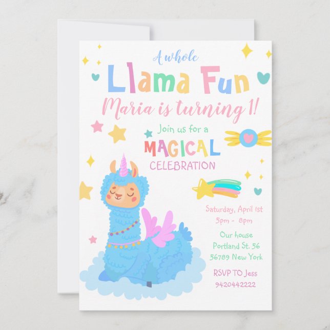 Invitation Llamacorn Fête magique Llama fun Anniversaire (Devant)