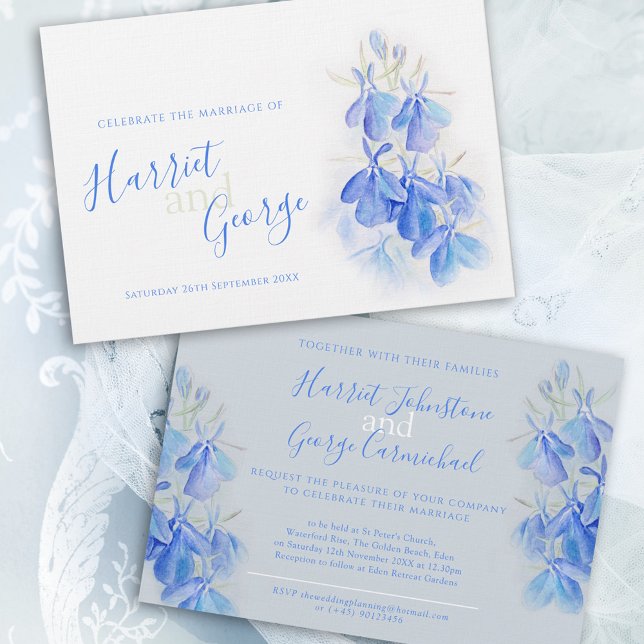 Invitation Lobelia bleu floral blanc gris bleu mariage (Créateur téléchargé)