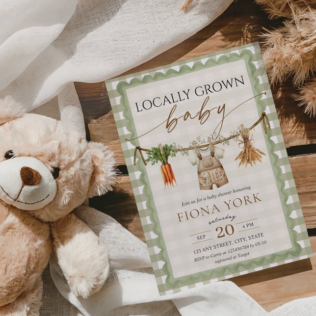 Invitation Locally Grown Baby Farmer's Market Green Gingham (Locally Grown Baby Shower Invitation Sage Green Gingham Farmer's Market Boy Baby Shower)