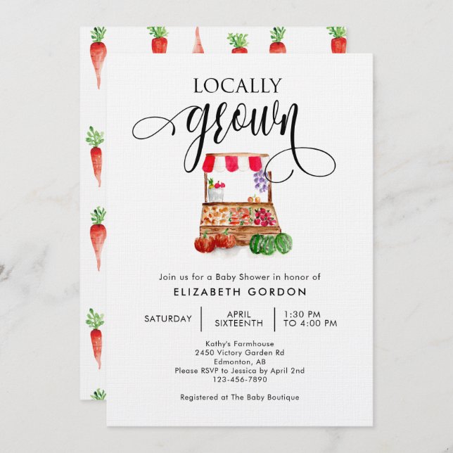 Invitation Locally Grown Baby Shower Watercolor Vegetables  (Devant / Derrière)