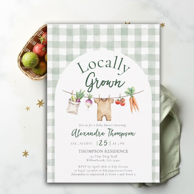 Invitation Locally Grown Clothes Line Farm Fresh Baby Shower (locally grown baby shower invitation clothes line overalls farm fresh watercolor green gingham arch)