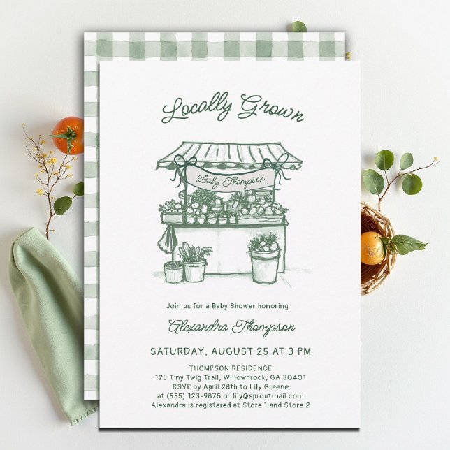 Invitation Locally Grown Farmer Market Sage Green Baby Shower (locally grown baby shower invitation sprout produce watercolor farmers market stand green gingham)