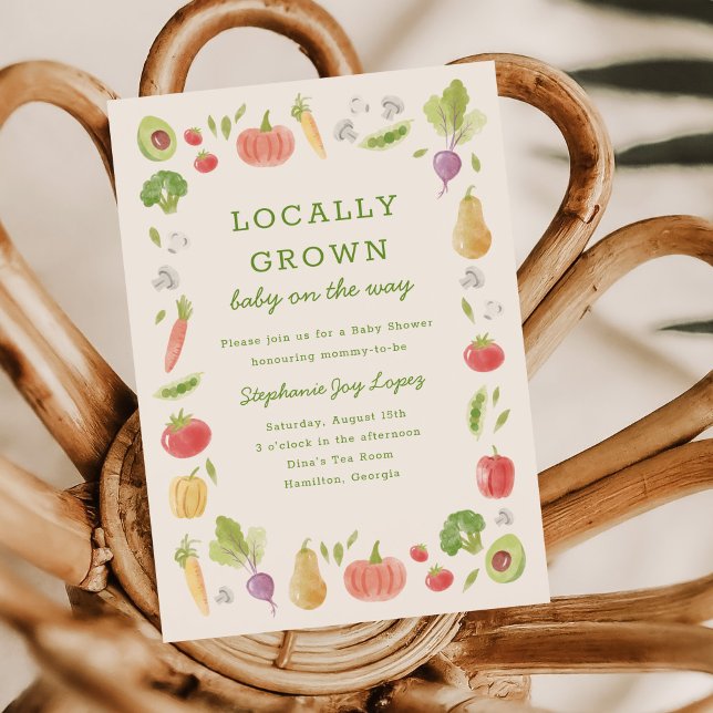 Invitation Locally Grown Farmer's Market Veggies Baby Shower (Locally Grown baby shower invitation with hand-drawn watercolour vegetables)
