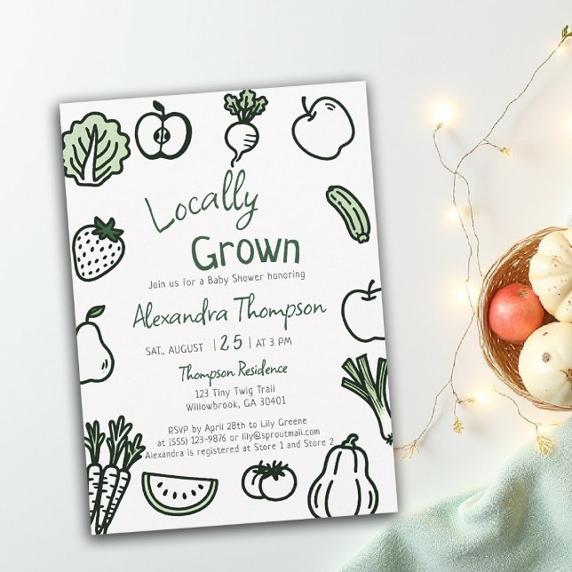 Invitation Locally Grown Hand Drawn Farm Fresh Baby Shower (locally grown baby shower invitation hand drawn produce farm fresh green script written gingham)