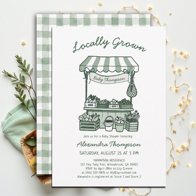Invitation Locally Grown Market Stand Sage Green Baby Shower (locally grown baby shower invitation sprout produce watercolor farmers market green gingham)