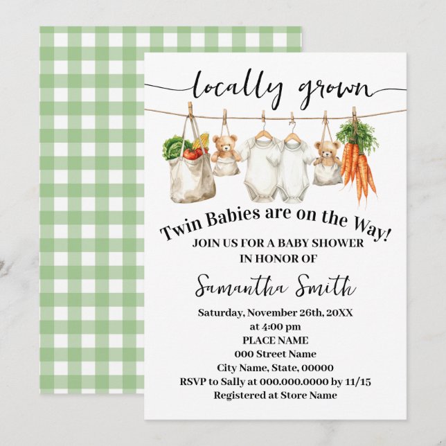 Invitation Locally Grown Twins on the Way Baby Shower (Devant / Derrière)