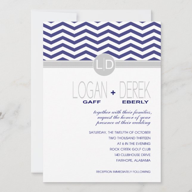 Invitation Logan Chevron | gris marine PAPIER BLANC DE BASE (Devant)