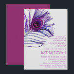 Invitation Logo de Bat Mitzvah de plumes de paon scintillante<br><div class="desc">Cette conception présente une élégante plume de paon rose et violette scintillante sur fond noir avec les informations de votre invitation de Bat Mitzvah en dessous. Personnalisez en modifiant le texte dans les zones de texte. Ajoutez votre logo d'entreprise au dos du design. Conçu pour vous par Evco Studio www.zazzle.com/store/evcostudio...</div>