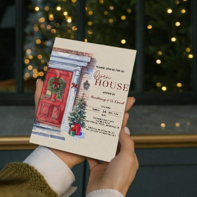 Invitation Logo de la porte rouge d'hiver élégant (Elegant Winter Red Door Logo Open House Christmas Invitation organizing corporate or community )