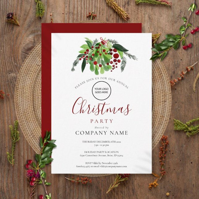 Invitation Logo de la société Red Berries de Noël Fête de fin (Christmas Red Berries Company Logo Holiday Party Invitation)