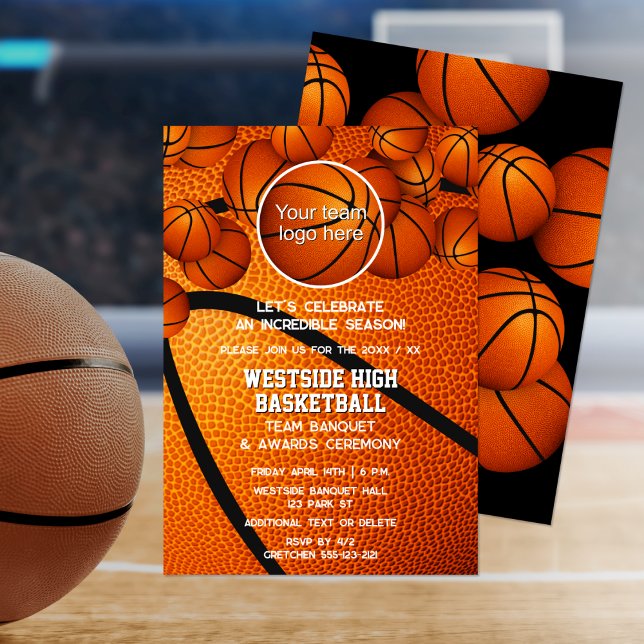 Invitation logo de l'équipe de basket-ball cérémonie de remis (Basketball team party invitation, front & back views)
