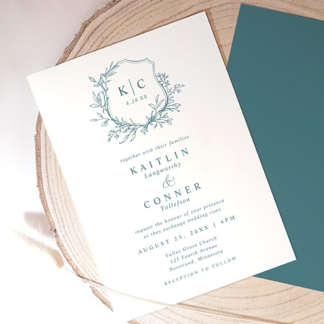 Invitation Logo de mariage formel classique avec une crête sa (Elegant teal wedding invitation with vintage crest, monogram, and hand-drawn botanical details)