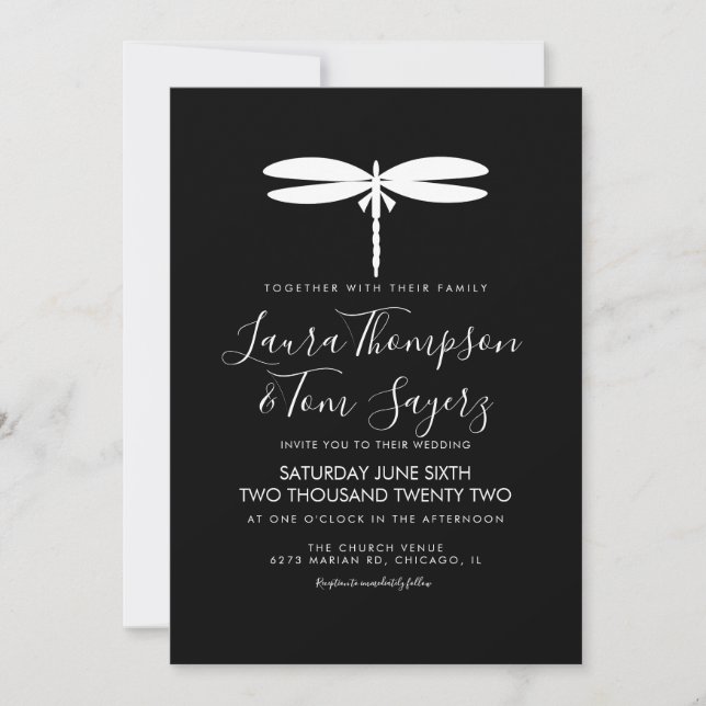 Invitation Logo de mariage moderne libellule noir blanc (Devant)