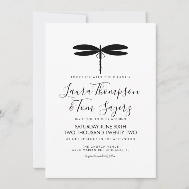 Invitation Logo de mariage simple libellule noir blanc (Devant)