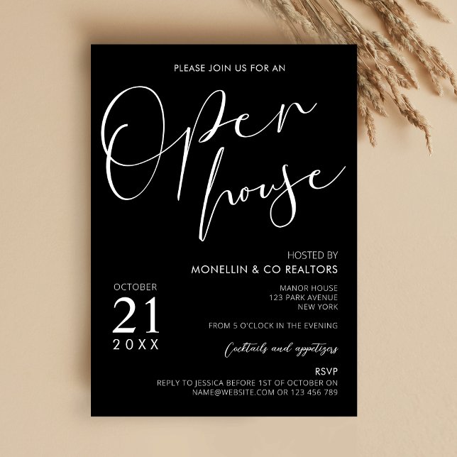 Invitation Logo de script noir moderne Business Open House (Elegant Open House Marketing Flyer in a modern black and white design)