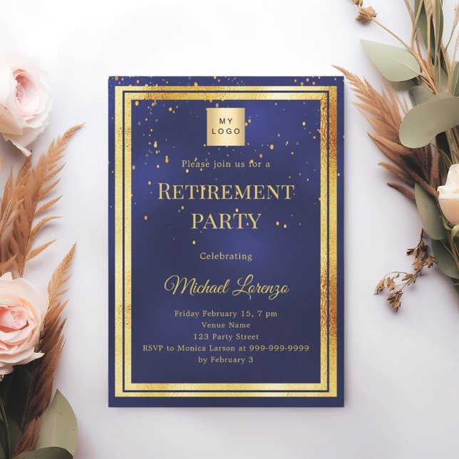 Invitation Logo d'entreprise de retraite confettis bleu marin (Créateur téléchargé)
