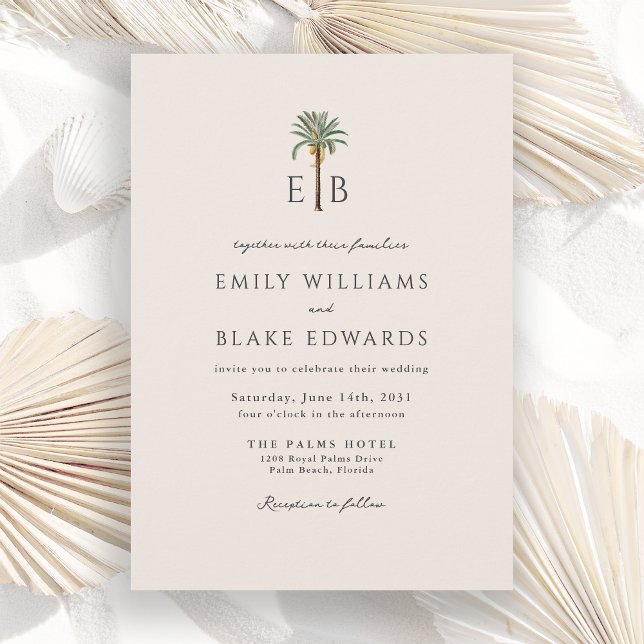Invitation Logo Palmier Élégant Mariage Tropical Monogramme (Créateur téléchargé)