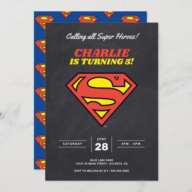Invitation Logo Superman | Chalkboard Super Hero Anniversaire (Devant / Derrière)