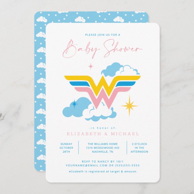 Invitation Logo Wonder Woman | BABY SHOWER (Devant / Derrière)