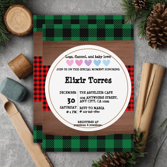 Invitation Logs Flannel Rustic Plaid Hearts Baby shower (Créateur téléchargé)