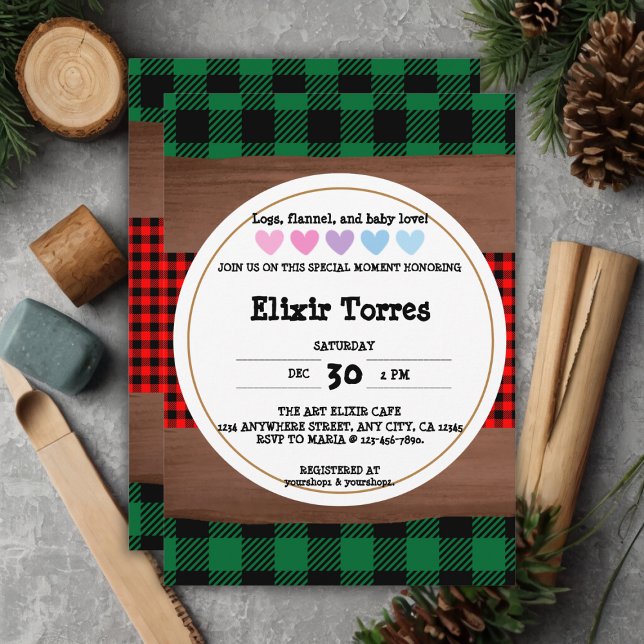 Invitation Logs Flannel Rustic Plaid Hearts Baby shower (Créateur téléchargé)