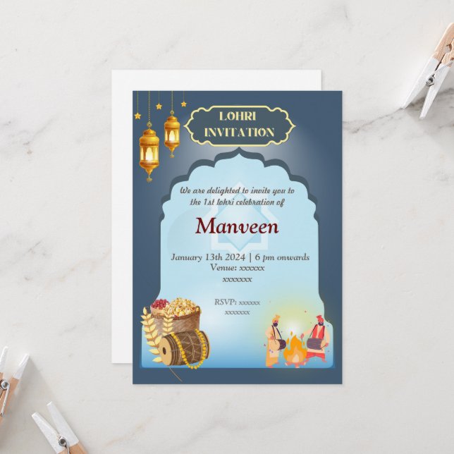 Invitation Lohri - Gris & Bleu (Devant/Arrière en situation)