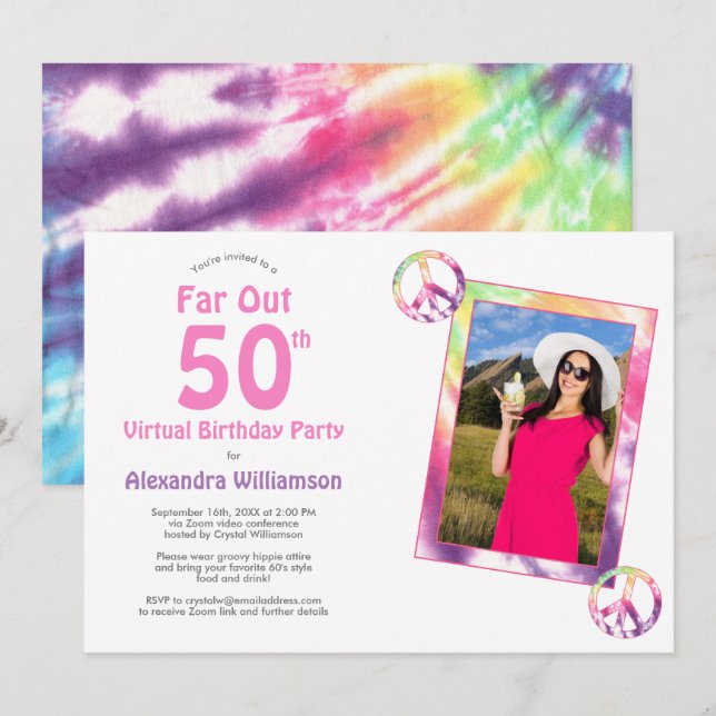 Invitation Loin de 50e Tie Dye Virtual Birthday Party Photo (Devant / Derrière)