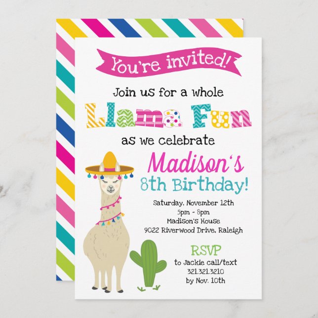 Invitation Loisirs Llama - Fête d'anniversaire Llama (Devant / Derrière)