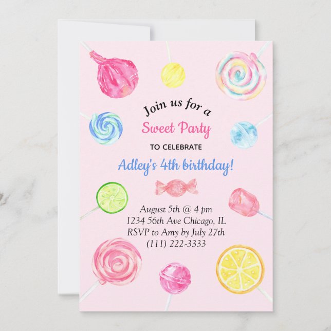 Invitation Lollipop Candy Sweet Girl Anniversaire (Devant)