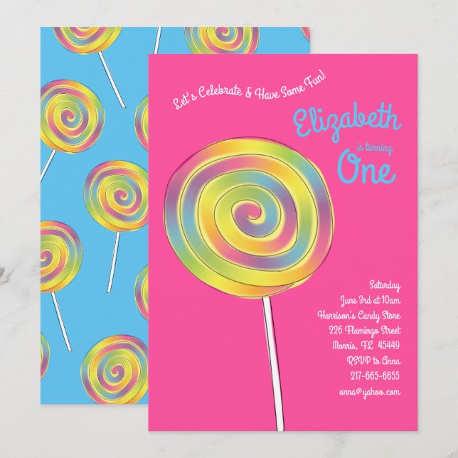 Invitation Lollipop Rainbow Candy Enfants 1er anniversaire fê (Devant / Derrière)