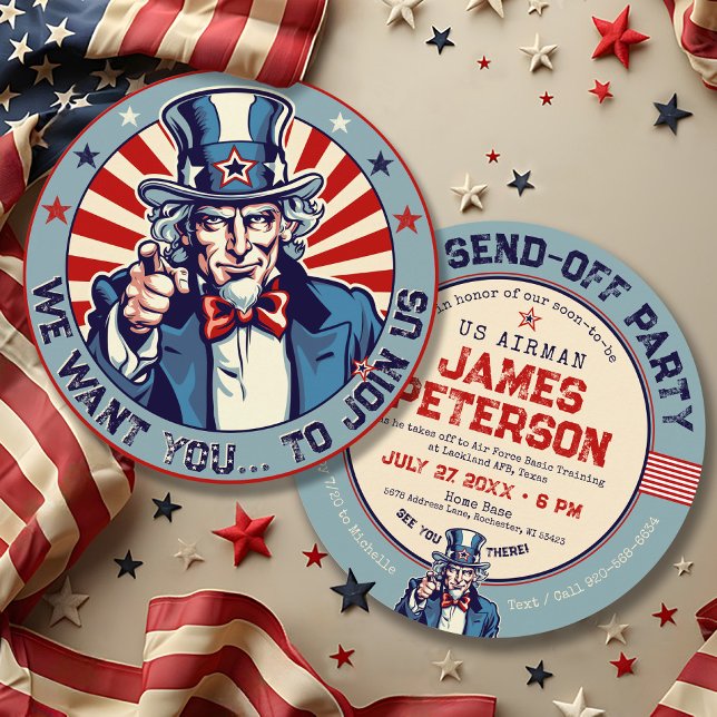 Invitation L'Oncle vintage Sam Militaire se retire Cercle de  (Vintage Uncle Sam patriotic US flag military going away party invite Air Force, Army, Navy, Marines)