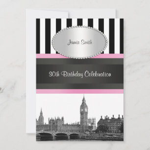 Invitation London Skyline BW Blk Wht Strp Pink Anniversaire P