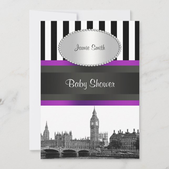 Invitation London Skyline BW Blk Wht Strp Purple Baby shower (Devant)