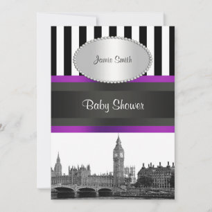 Invitation London Skyline BW Blk Wht Strp Purple Baby shower