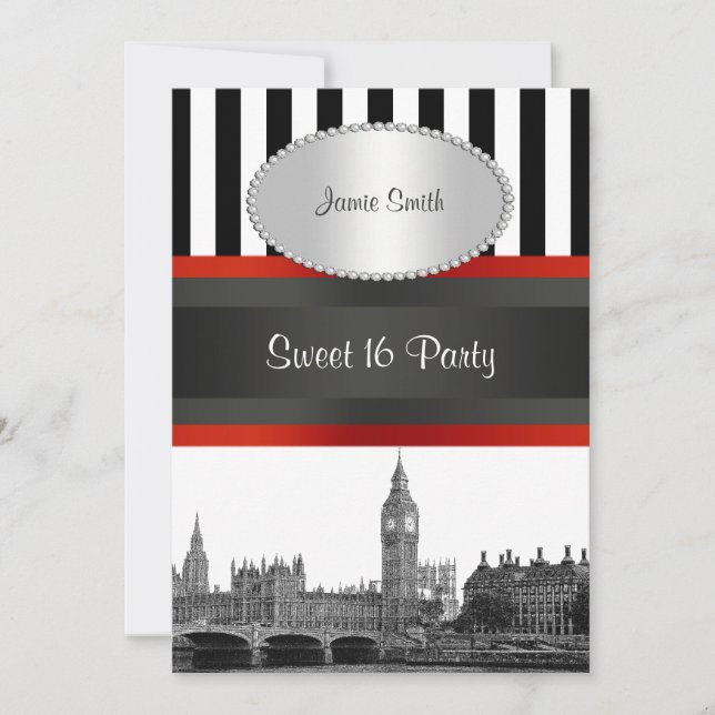 Invitation London Skyline BW Blk Wht Strp Red Sweet 16 Party (Devant)