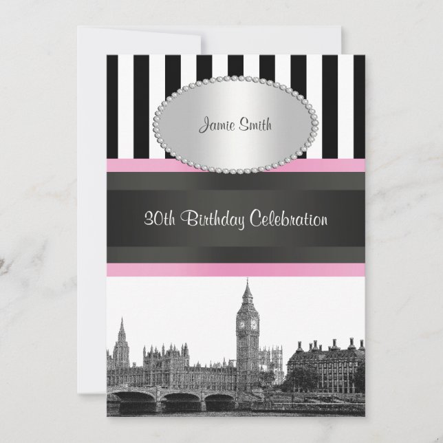Invitation London Skyline BW Blk Wht Strp Rose Anniversaire P (Devant)