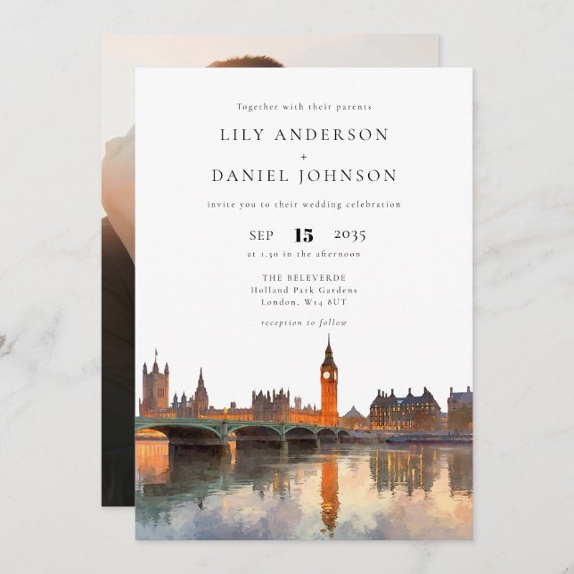 Invitation London Skyline Destination Photo Wedding (Devant / Derrière)