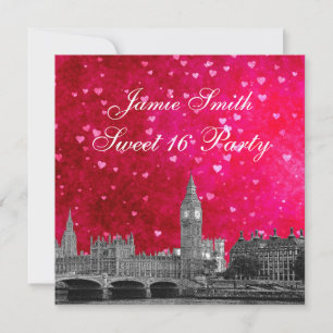 Invitation Londres Royaume-Uni Skyline Hot Rose Red Heart Swe