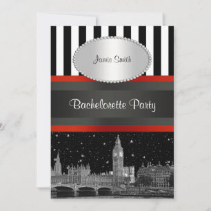 Invitation Londres Skyline BW Blk Wht Stripe Red Bachelorette