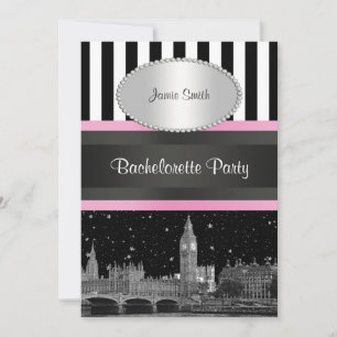 Invitation Londres Skyline BW Blk Wht Strp Rose Bachelorette