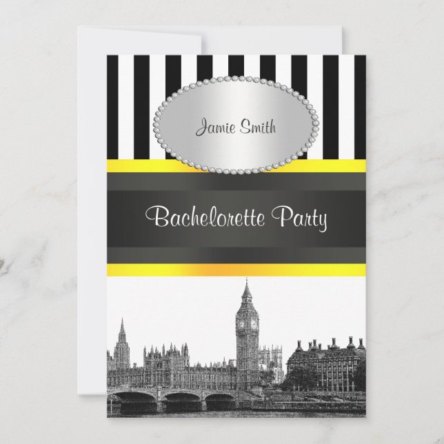 Invitation Londres Skyline BW Blk Wht Strp Ylo P Bachelorette (Devant)