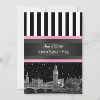 Invitation Londres Skyline BW Noir Blanc Strp Rose EVJF