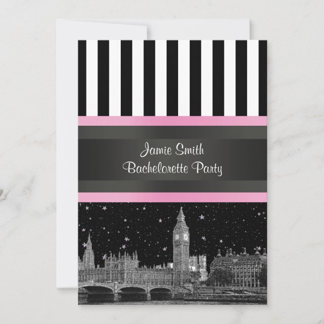 Invitation Londres Skyline BW Noir Blanc Strp Rose EVJF (Devant)