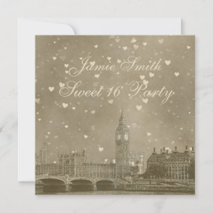 Invitation Londres UK Skyline Dist Gris Blanc Cœur Sweet 16